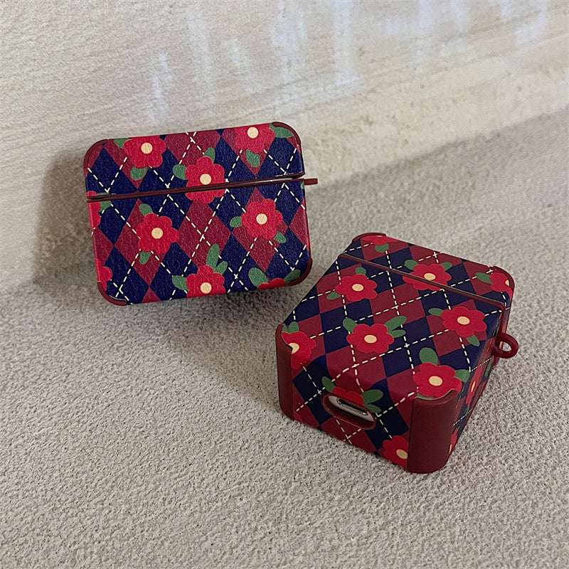 Retro Plaid 'Red Flower' AirPods Pro Case Shock Proof Cover
