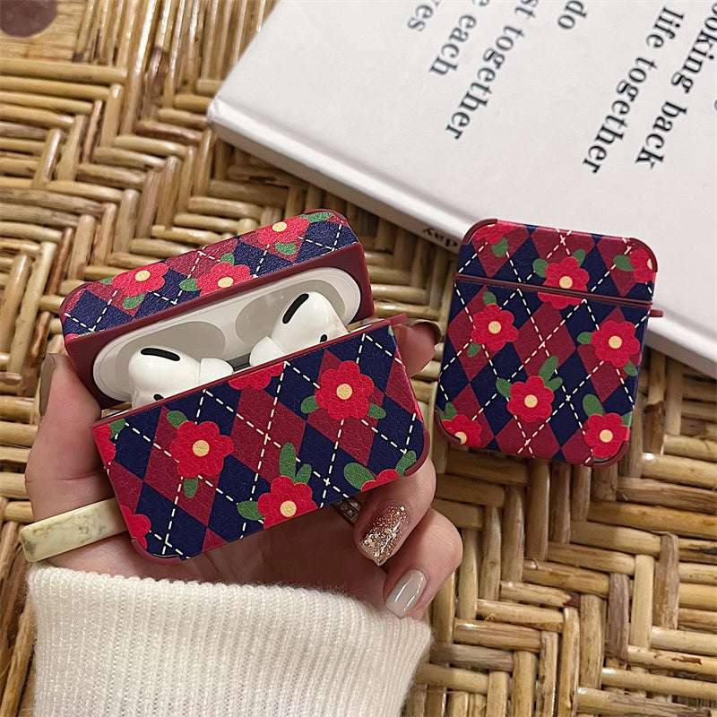 Retro Plaid 'Red Flower' AirPods Pro Case Shock Proof Cover